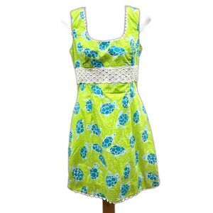 Lilly Pulitzer Dress Sea Turtle Print w White Lace Trim Details Sz 12 Cotton